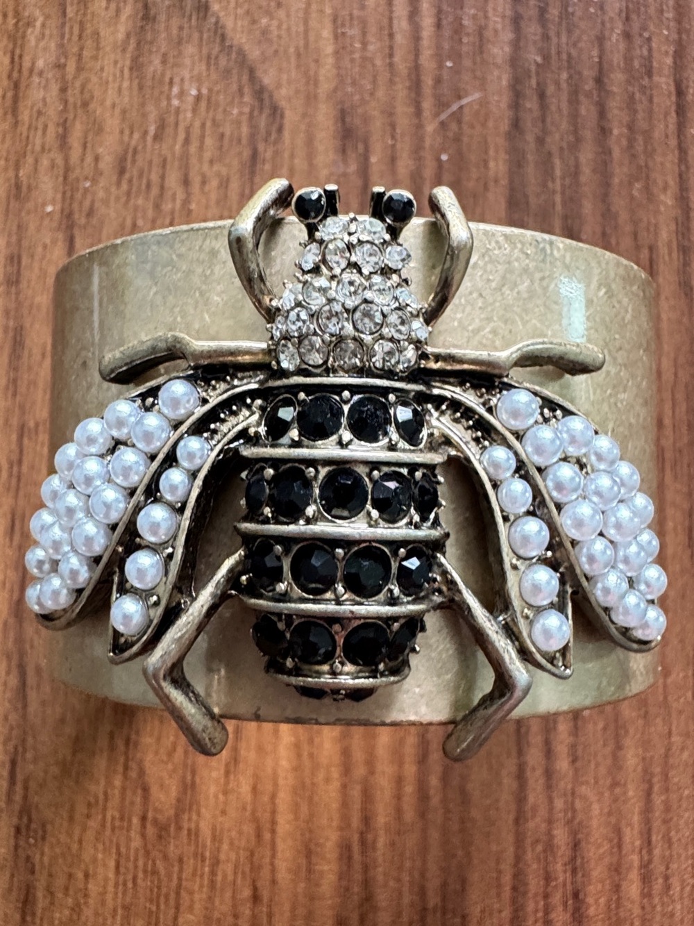 WHBM White House Matte Gold Tone Bee Faux Pearl Rhinestone Cuff Bracelet